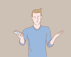 Poster - confused man cautious holding smartphone with outline or line and clean simple people style