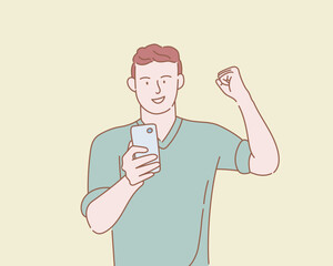 Poster - overjoyed success male holding smartphone with outline or line and clean simple people style
