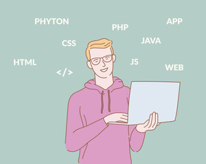 Fototapete - programmer holding laptop with some programming language text with outline or line and clean simple people style