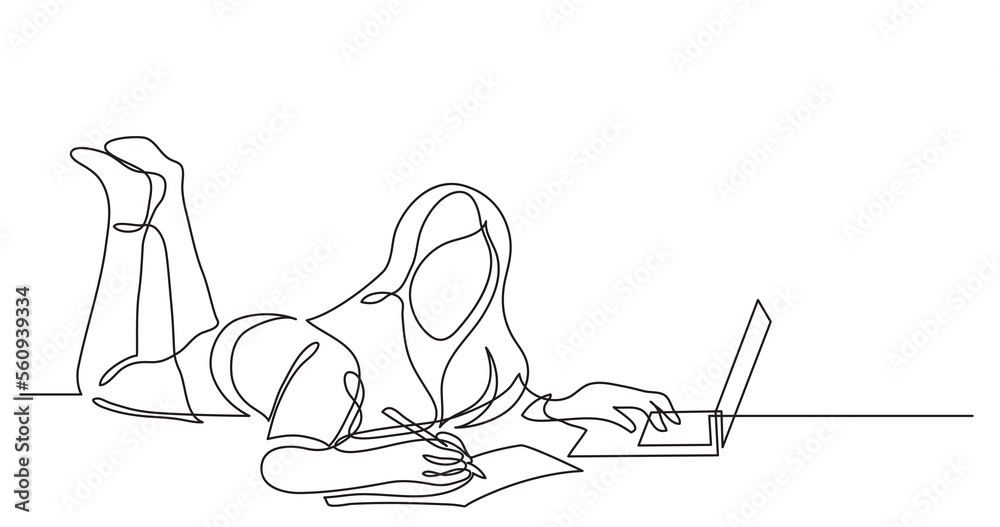 one line drawing of student lying on floor with laptop learning from ...