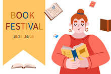 Book Festival Banner. Young Woman Reading A Book. Poster About Literature In Vector, Flat, Cartoon Style