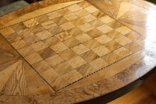 Empty Vintage Wooden Table With Shiny Chess Board Wood Inlay
