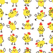 Little Yellow Chicks Are Having Fun. Vector Seamless Pattern Dot-by-dot In Doodle Style