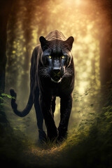 Wall Mural - Wunderschöner schwarzer panther läuft durch einen Dschungel - Ai generiert