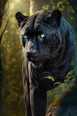 Wall Mural - Wunderschöner schwarzer panther läuft durch einen Dschungel - Ai generiert