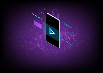 Poster - Abstract background technology mobile phone 3d isometric angle play button blue neon glow headphones,Film, musical notes and elements, hi-tech circles and circuits below, purple gradient background.