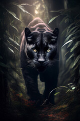 Wall Mural - Wunderschöner schwarzer panther läuft durch einen Dschungel - Ai generiert