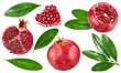 Pomegranate collection with leaves isolated on white background. Pomegranate set Clipping Path. Pomegranate macro studio photo