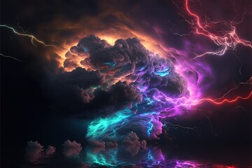 Bright explosion with smoke and lightning in neon lights AI