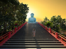 Great Buddha Or Kamakura Daibutsu Statue At Sunset Time. The Ornate Temple Stairs. Famous Big Buddha Statue Inside Wat Phra That Doi Phra Chan Temple. The Most Important Travel Destination In Lampang 