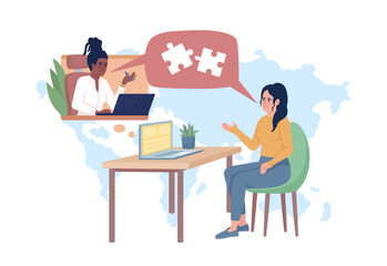 Poster - Lacking team bonding 2D vector isolated illustration. Colleagues facing digital miscommunication flat characters on cartoon background. Colorful editable scene for mobile, website, presentation