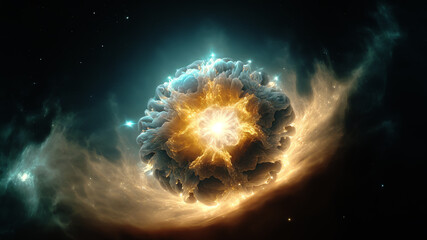 Fototapete - View of the birth of a star in space during a nebula explosion. Nuclear fusion of cosmic clouds of gas and dusts. Universe background. Generative ai