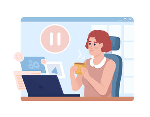 Poster - Managing time as freelancer 2D vector isolated illustration. Pleased woman taking lunch break flat character on cartoon background. Colorful editable scene for mobile, website, presentation