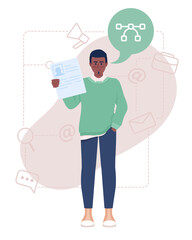 Poster - graphic designer searching for job 2d vector isolated illustration. male intern. developer holding c