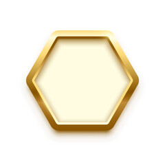 Poster - 3d plate button of hexagon shape with golden frame vector illustration. Realistic isolated website element, golden glossy label for game UI, badge of navigation menu with shiny light effect on border