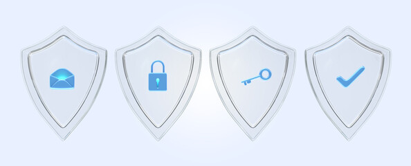 Poster - Glass shield with mail envelope, padlock, key and tick sign 3d render. Concept of email security, privacy, good password, secure data protection, computer or phone access safety