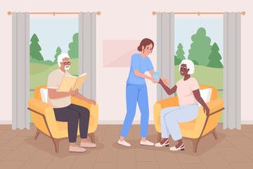 Poster - Retirement community flat color vector illustration. Assisted living facility. Geriatric nurse caring about seniors. Fully editable 2D simple cartoon characters with home interior on background