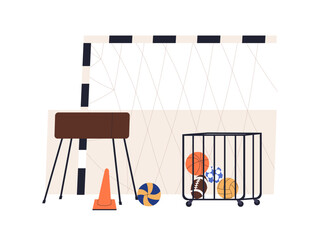 Poster - School gym, class for PE, physical education, training. Sport hall, empty gymnasium with athletic equipment, balls, net, supplies for games. Flat vector illustration isolated on white background