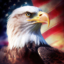 Patriotic American Bald Eagle In Front Of Flag Of USA (Generative AI)