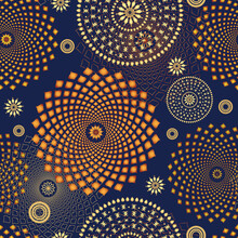 Vector Seamless Pattern With Lacy Golden Vintage Circles On A Dark Blue Background