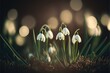 Galanthus flowers on bokeh background, winter or early spring banner concept