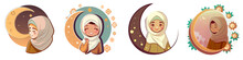 Set Horisontal Vector Illustration Of Little Girl Near Mosque In White Hijab Celebrate Ramadan