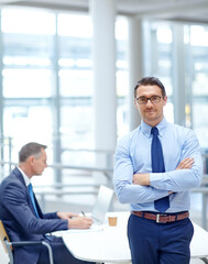 Wall Mural - Portrait, vision and mindset with a business man in his office standing arms crossed in a confident pose. Growth, mission and management with a male employee at work for future success in corporate