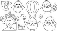 Vector Black And White Easter Chicks Set For Kids. Cute Kawaii Line Chickens Collection. Funny Cartoon Characters. Traditional Spring Holiday Symbol Illustration Or Coloring Page With Bird.
