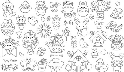 Wall Mural - Vector black and white kawaii Easter clipart set for kids. Cute cartoon characters. Traditional line symbols collection with bunny, eggs, bird, chick, basket, flowers. Spring holiday coloring page.