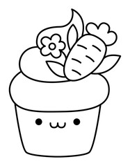 Vector black and white Easter cupcake for kids. Cute line kawaii cup cake with cream, flower and carrot. Funny cartoon character. Traditional spring holiday dessert illustration or coloring page.