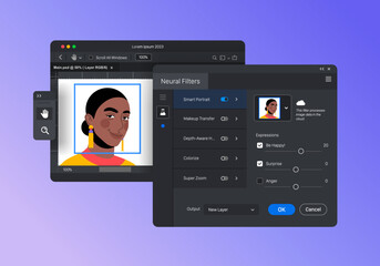 Poster - neural filters in raster graphics editor. toolbar. software for creating retouching and digital art