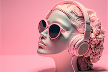 Gypsum Statue Head In Sunglasses And Earphone On A Pink Background Illustration