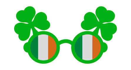 Green glasses with a three-leaf clover and the coloring of the Irish flag. St. Patrick's Day symbol and paraphernalia. Vector illustration