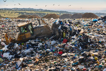 Heavy Machinery Shredding Garbage In An Open Air Landfill. Pollution