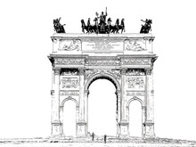 Porta Sempione ("Simplon Gate"), A City Gate Of Milan, Italy. The Gate Is Marked By A Landmark Triumphal Arch Called Arco Della Pace ("Arch Of Peace"), Ink Sketch Illustration.