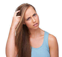 Poster - Confused, doubt and portrait of woman with question scratching head for problem, decision or fail. Anxiety, stress and puzzled model with confusion on face at isolated white background.