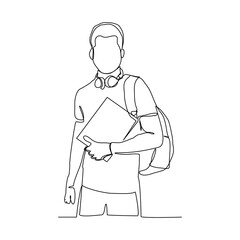 Continuous single one line drawing art of college campus student man with bag backpack and books. Vector illustration