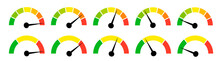 Speedometer Gauge Meter Icons. Vector Scale, Level Of Performance. Speed Indicator .Infographic Of Risk, Gauge, Score Progress.