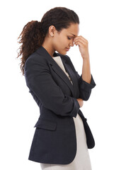 Tired, anxiety and work stress of a black woman business worker with headache and white background. Corporate worker, isolated and vertical mockup of a entrepreneur frustrated about job fail