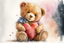 A tender watercolor illustration of a happy teddy bear holding a big red heart pillow, sitting next to a bouquet of pink roses, perfect background for valentine's day, generative ai