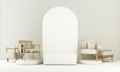 Poster - Interior of the room in plain monochrome light color with chair and armchair. Light background with copy space. 3D rendering for web page, presentation or product design