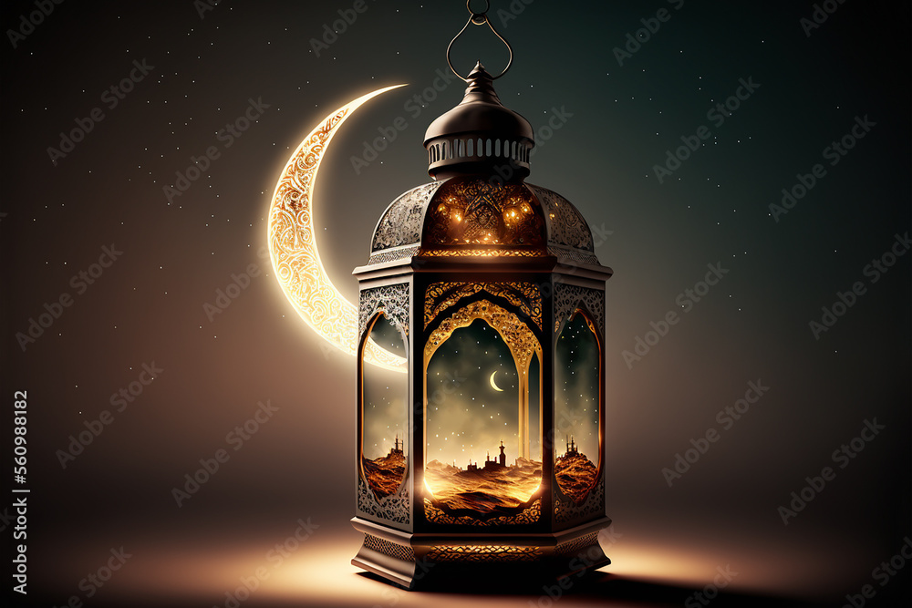 Ramadan lantern with crescent moon on night sky background Stock ...