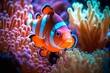 Coral reef in South Pacific off the coast of the island. Colorful Clownfish hiding in their host anemone on a tropical coral reef. generative ai