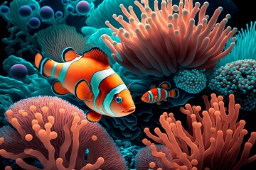 Wall Mural - Coral reef in South Pacific off the coast of the island. Colorful Clownfish hiding in their host anemone on a tropical coral reef. generative ai