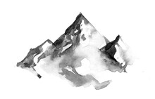 Mountains, Rocky Peaks. Abstract Minimalistic Style. One-stroke Drawing. Hand-drawn By Brush. Watercolor Illustration