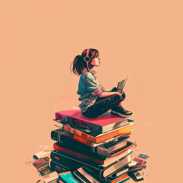 a girl sits on books, illustration, a girl sits on books and listens to music, a student listens to music while sitting on books,