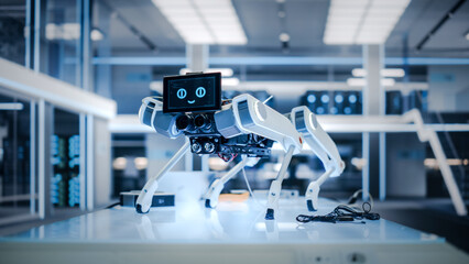 Aufkleber - High Tech Robot Dog with Lidars, Sensors, Optics, Computers, Cameras, Screen with Running Software Code and Smile Emoji Standing in a Modern Industrial Facility.