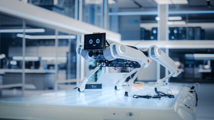 Leinwandbilder - High Tech Robot Dog with Lidars, Sensors, Optics, Computers, Cameras, Screen with Running Software Code and Smile Emoji Standing in a Modern Industrial Facility.
