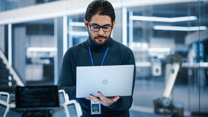 Aufkleber - Handsome Hispanic Man Wearing Glasses Smiling and Looking at Camera. Young Intelligent Multiethnic Male Engineer, Developer or Scientist Working in Development Technology Office.