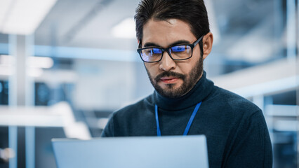 Aufkleber - Close Up Portrait of a Talented Latin Man Looking at Camera and Charmingly Smiling. Hispanic Businessman at Work, Information Technology Manager, Software Developer Professional.